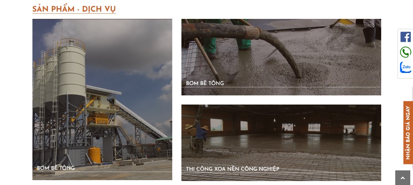 Phần sản phẩm và dịch vụ của website xây dựng Nam Anh