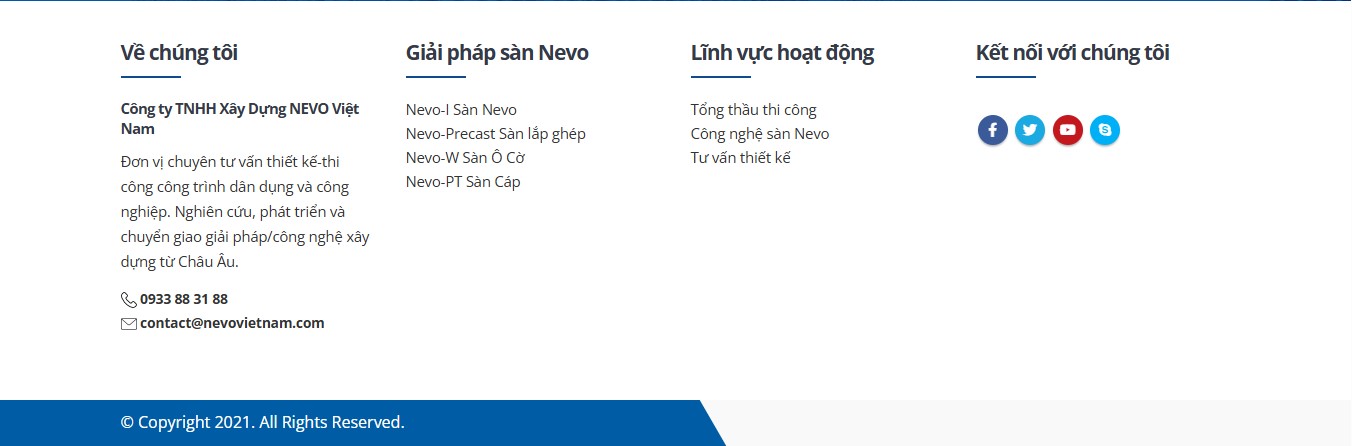 Phần footer của website giới thiệu công ty Nevo Việt Nam