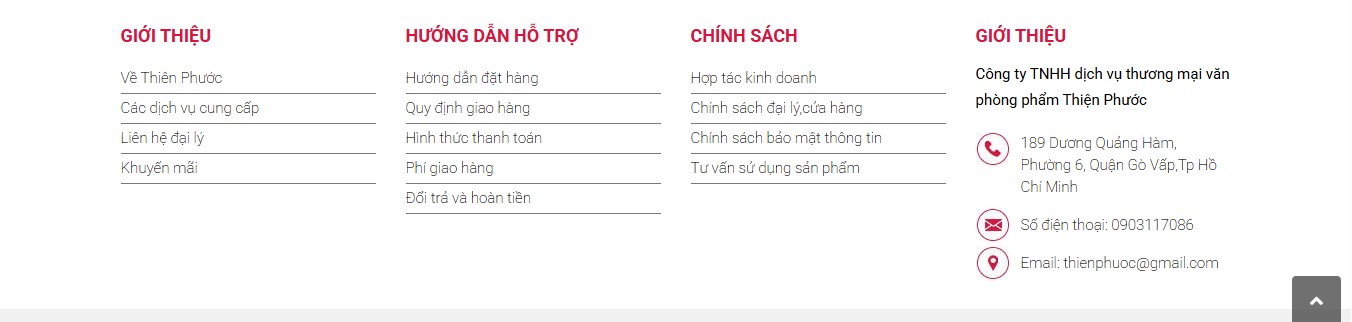 Phần footer của website bán hàng văn phòng phẩm Thiện Phước