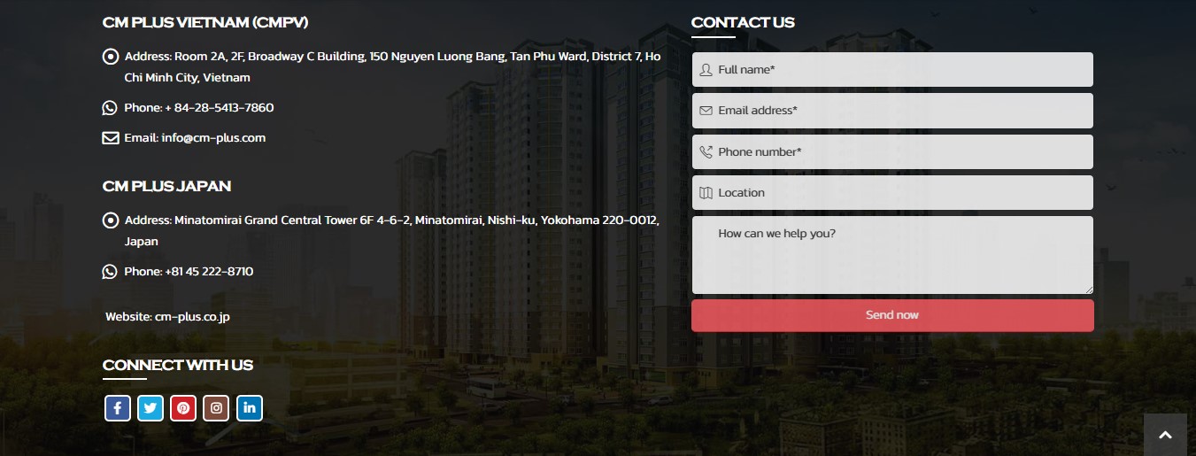 Phần footer của Website giới thiệu tập đoàn CM Plus