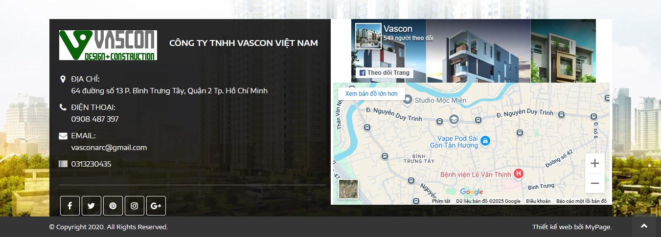 Phần footer (chân trang) của Website giới thiệu công ty xây dựng Vascon