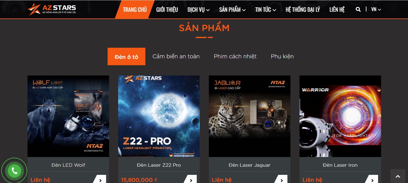 Phần danh mục sản phẩm của Webiste chăm sóc xe ô tô AZSTARS