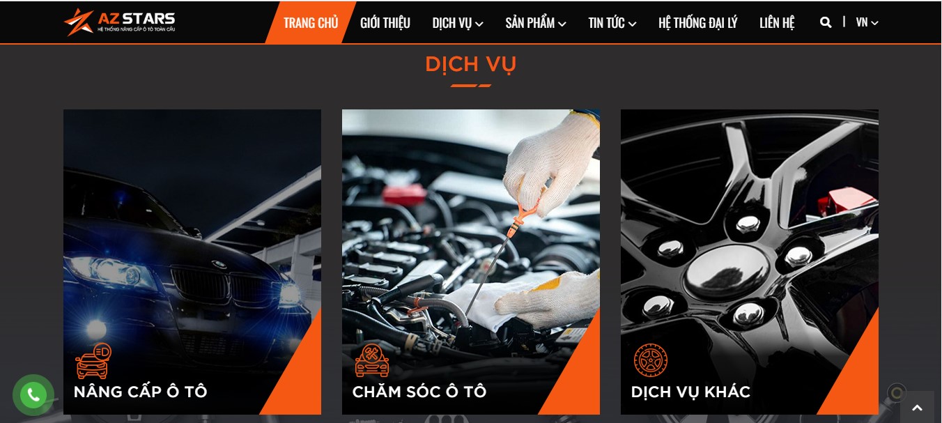 Phần Dịch vụ chăm sóc xe của Website AZSTARS