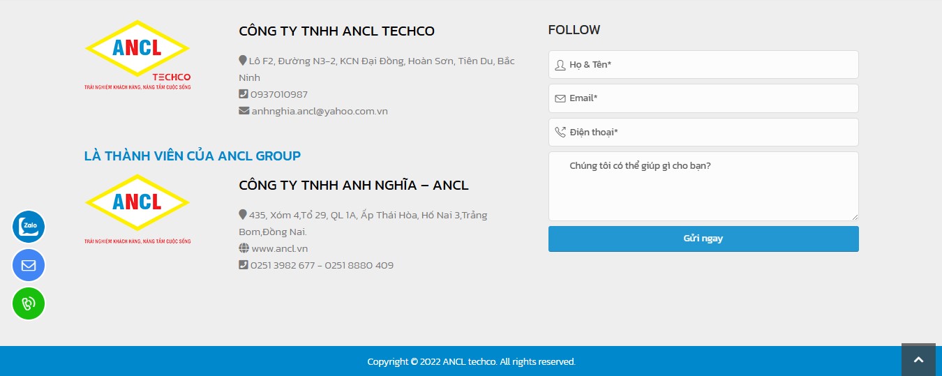 Phần footer (chân trang) của Website giới thiệu công ty ANCL