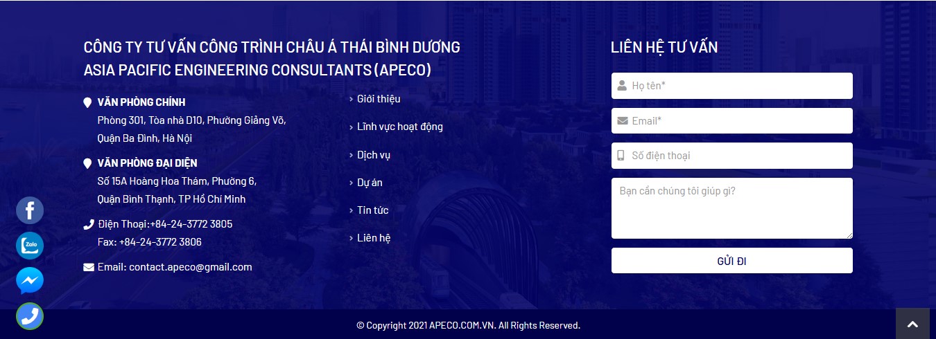Phần Footer của Website xây dựng Apeco – Tư vấn công trình Châu Á Thái Bình Dương