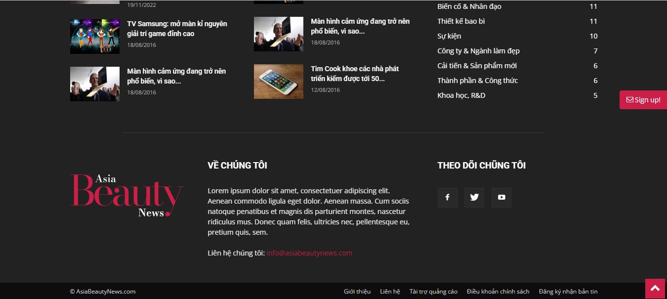 Phần footer của Website tin tức Asia Beauty News