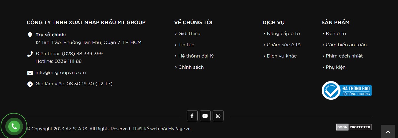 Phần footer của Website dịch vụ chăm sóc xe ô tô AZSTARS