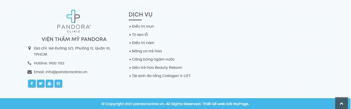 Phần footer của Website viện thẩm mỹ Pandora Clinic