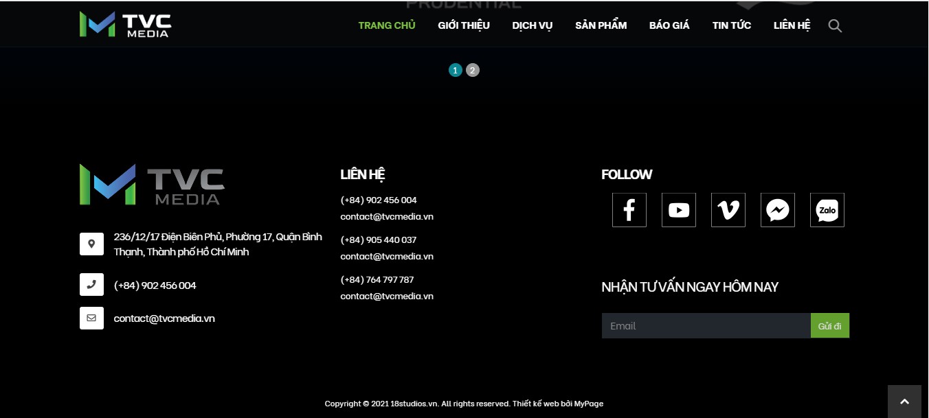 Phần footer (chân trang) của website TVC Media