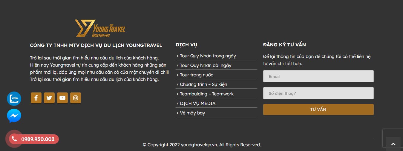Phần footer của Website đặt tour du lịch Young Travel