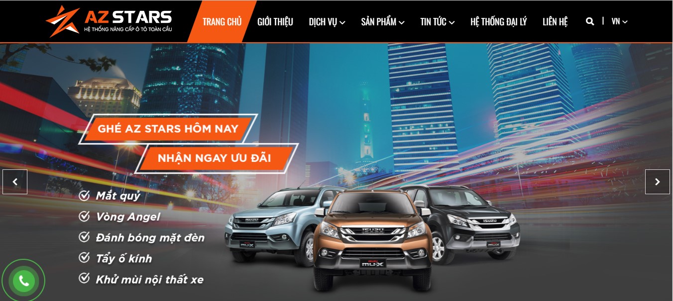 Phần header, banner của Website chăm sóc xe ô tô AZSTARS