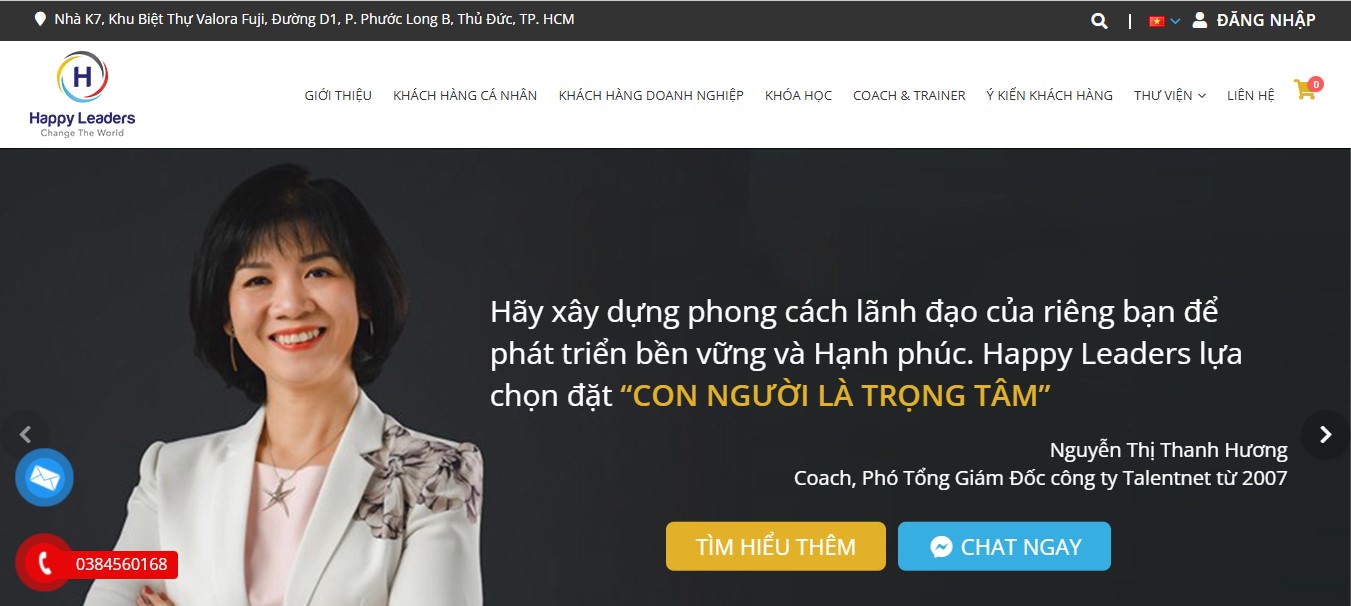 Phần header, banner của Website giáo dục, giới thiệu khoá học Happy Leader