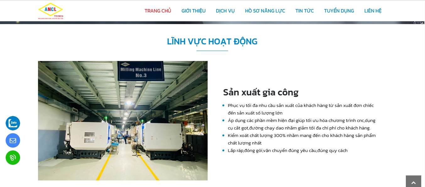 Phần lĩnh vực hoạt động của Website giới thiệu công ty ANCL