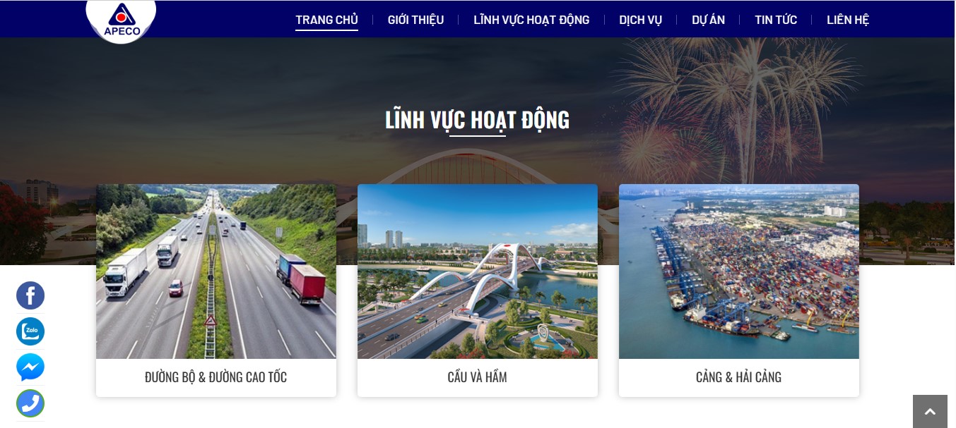 Phần trình bày lĩnh vực hoạt động trên trang chủ của Website xây dựng Apeco