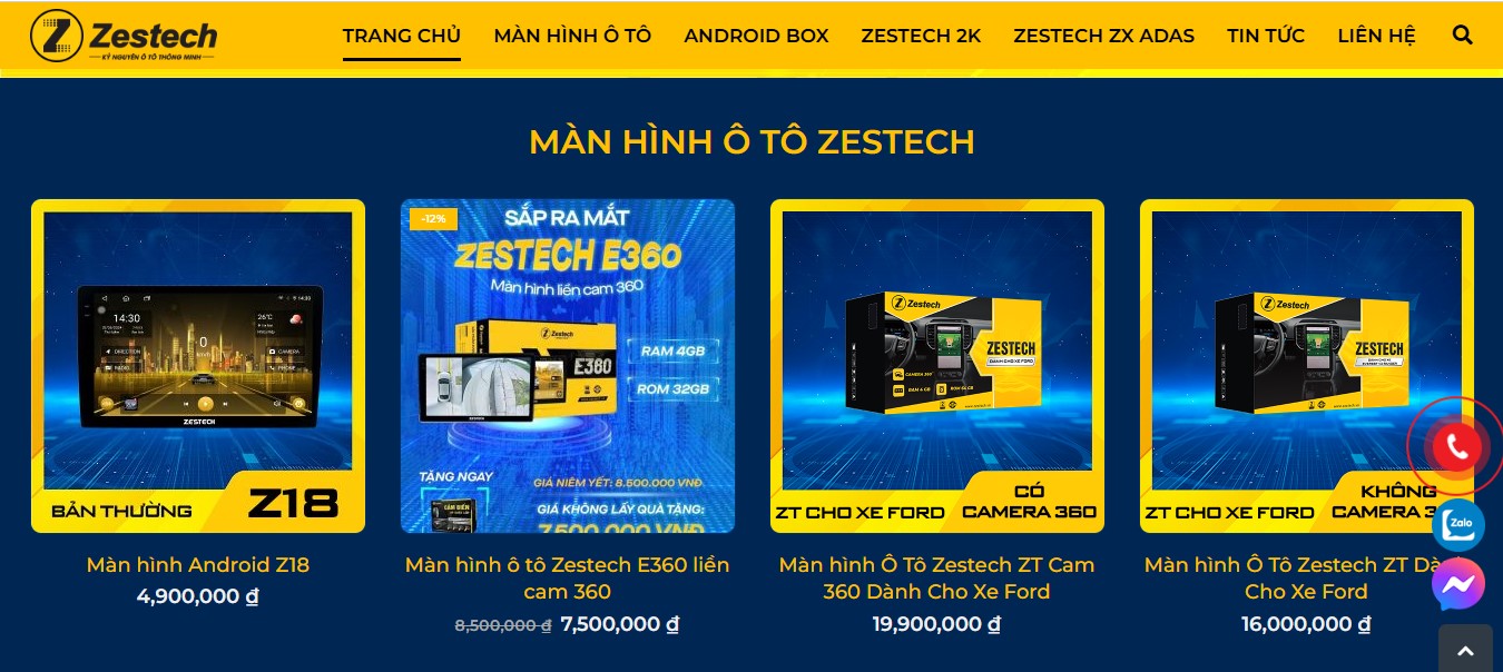 Phần trình bày danh mục sản phẩm trên trang chủ của Website Zestech