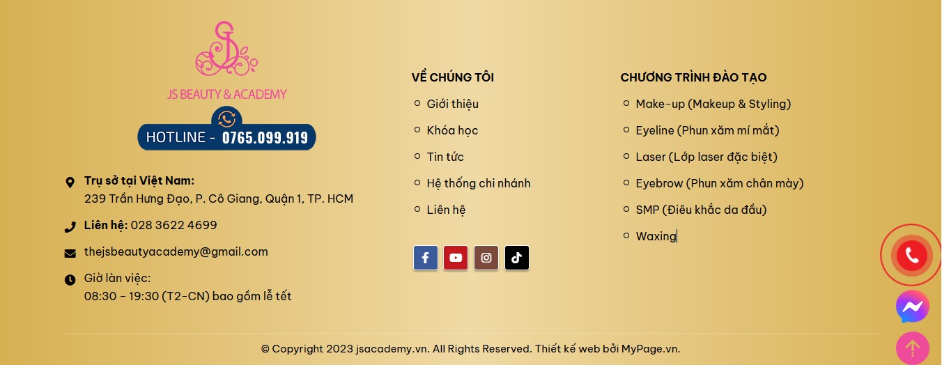 Phần Footer của Website giới thiệu khoá học JS Beauty & Academy