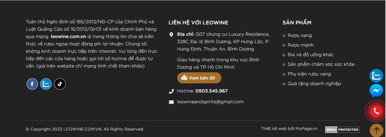 Phần footer của website LEOWINE