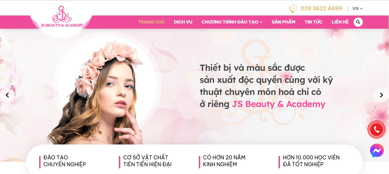Phần header banner của Website giới thiệu khoá học JS Beauty & Academy