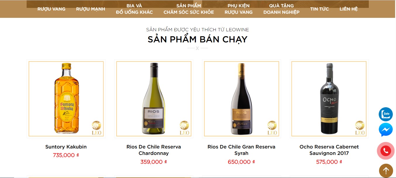 Phần trình bày sản phẩm của Website LEOWINE