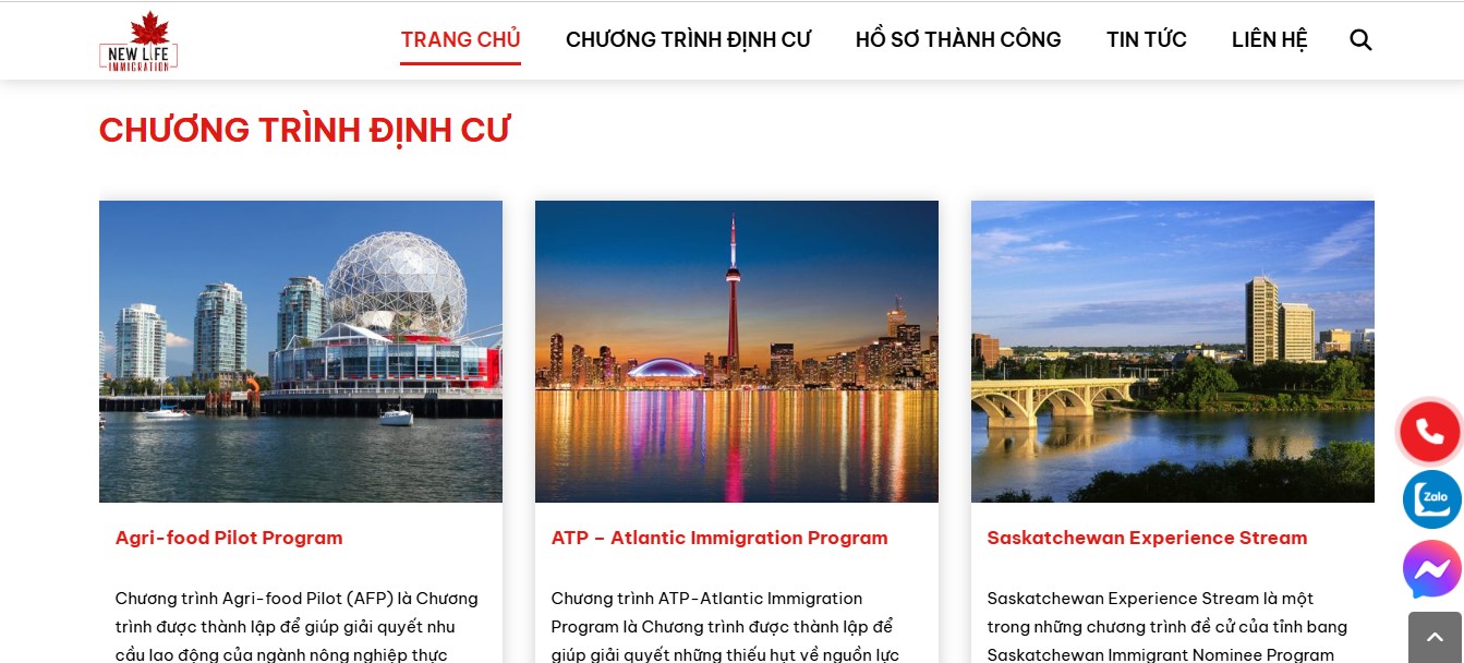 Phần chương trình định cư của Website tư vấn định cư Cananda Newlife Immigration
