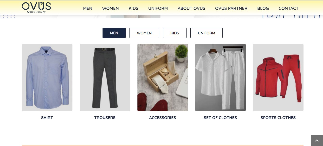 Danh mục sản phẩm của website bán sản phẩm quần áo OVUS
