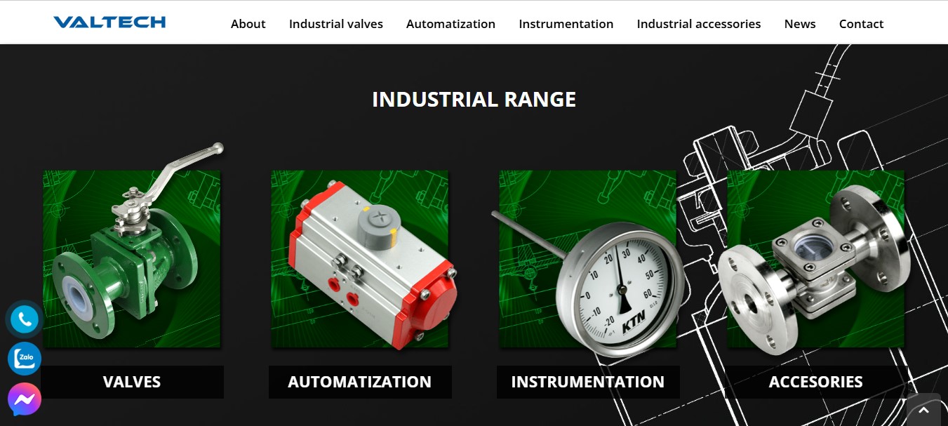 Phần danh mục sản phẩm của website VALTECH
