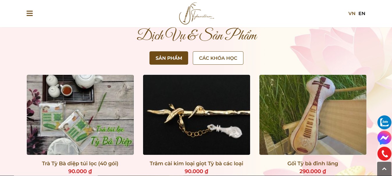 Phần dịch vụ sản phẩm của Website giới thiệu đàn tỳ bà Việt Nam