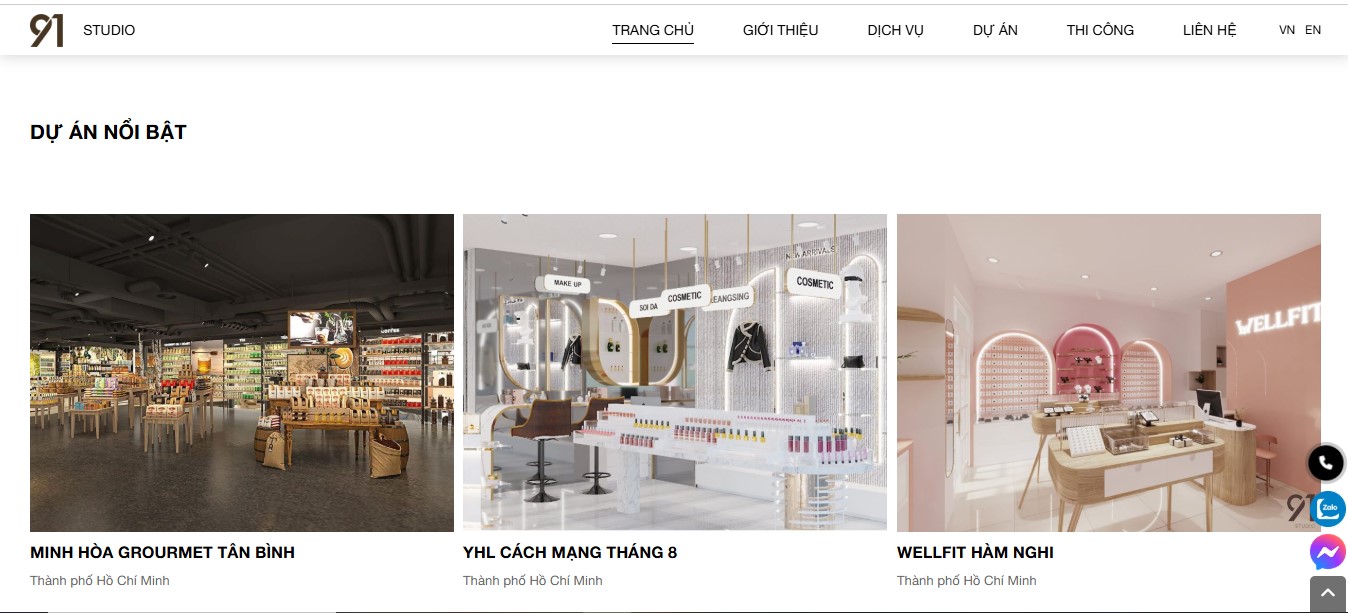 Phần dự án nổi bật của website thiết kế kiến trúc 91 Studio