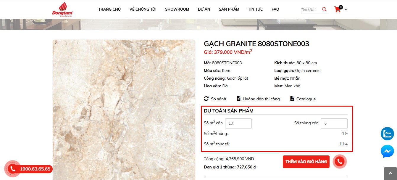 Tính năng dự toán sản phẩm, tính toán theo m² của Website Đồng Tâm