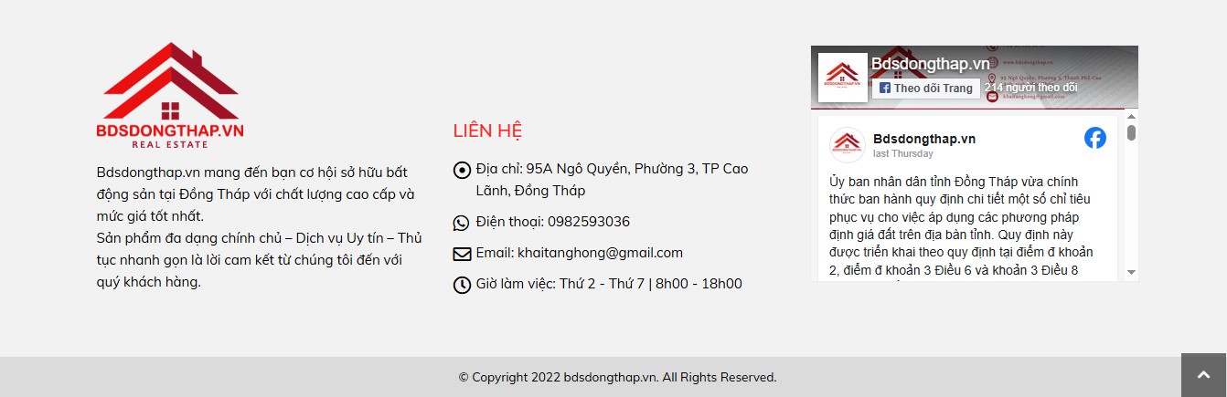 Phần footer của Website mua bán bất động sản Đồng Tháp