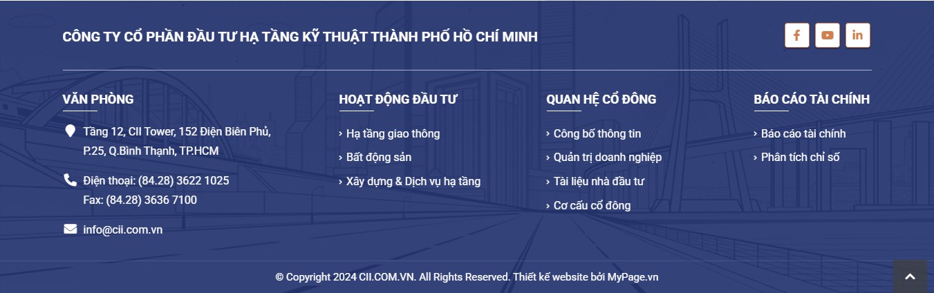 Phần footer của website giới thiệu công ty đầu tư hạ tầng CII