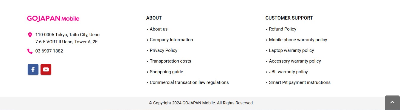 Phần footer của Website thương mại điện tử GOJAPAN Mobile