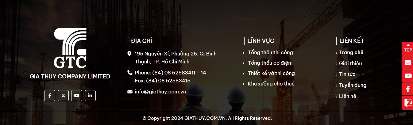 Phần footer của Website giới thiệu dịch vụ xây dựng Gia Thuỳ