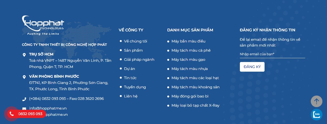 Phần footer của Website cung cấp thiết bị công nghiệp Hợp Phát