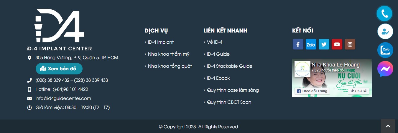 Phần footer của website dịch vụ nha khoa ID4 Implant Center