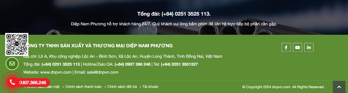 Phần footer của website giới thiệu sản phẩm INOX DNP 