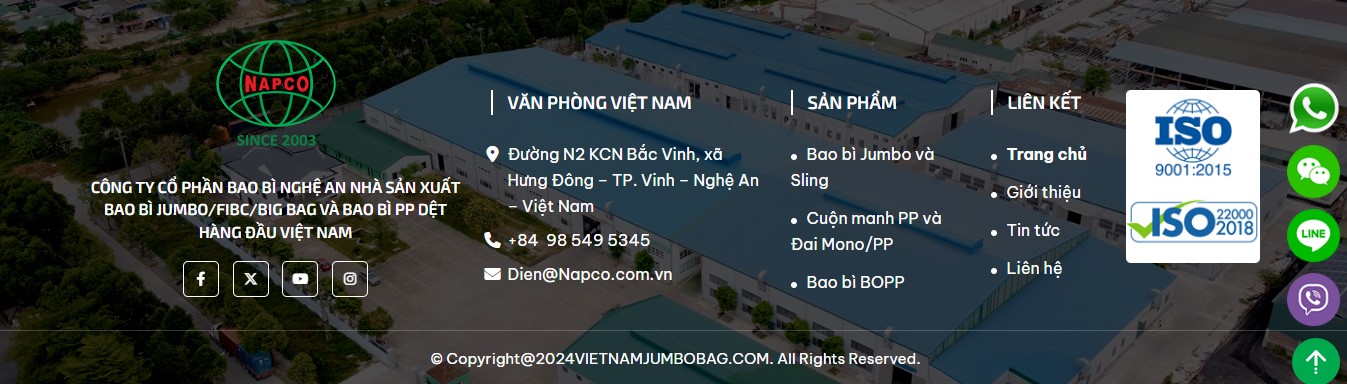 Phần footer Website bán sản phẩm bao bì VietNam Jumbobag