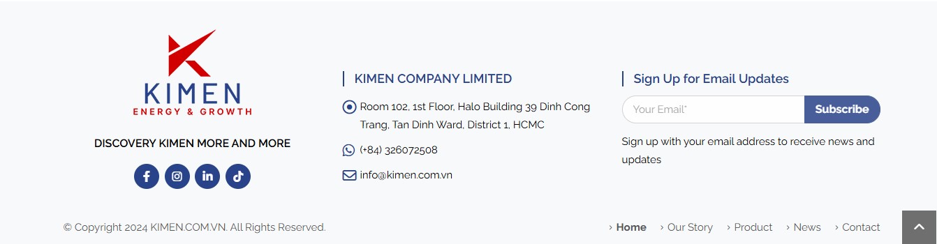 Phần footer của Webiste giới thiệu sản phẩm dầu thơm Kimen