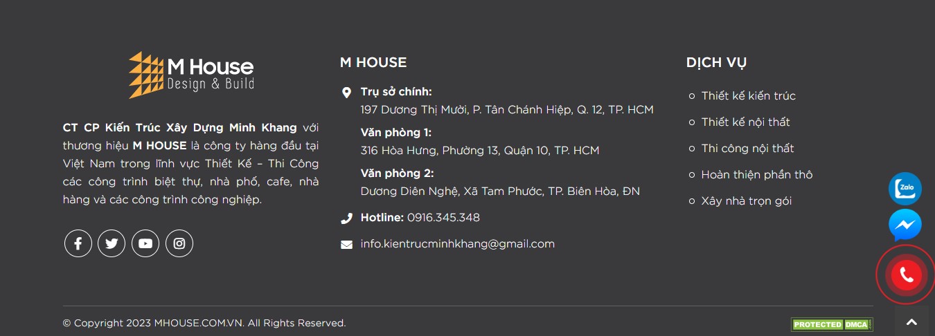 Phàn footer của Website dịch vụ xây dựng M House