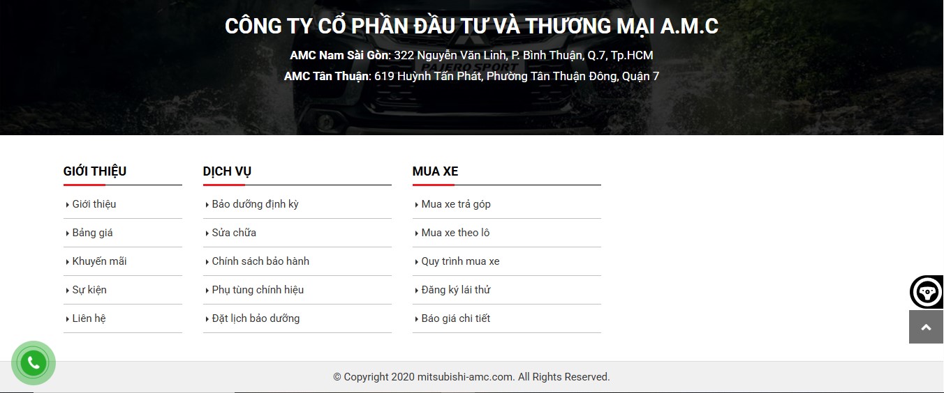 Phần footer của website bán xe ô tô Mitsubishi AMC