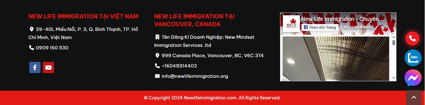 Phần footer của Website tư vấn định cư Cananda Newlife Immigration