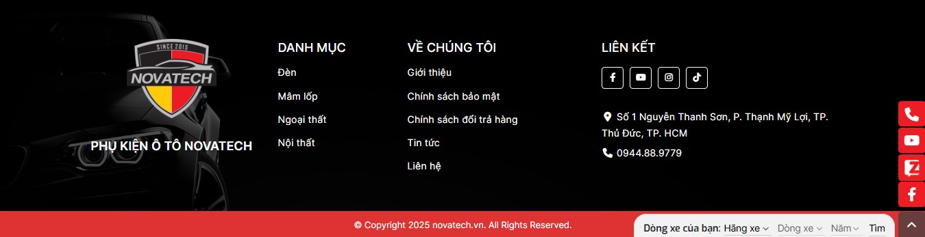 Phần footer của Website bán đồ chơi xe hơi cao cấp Novatech