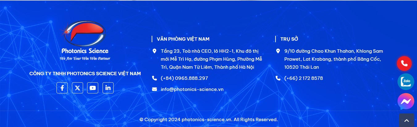 Phần footer của Website cung cấp giải pháp Laser Photonics Science