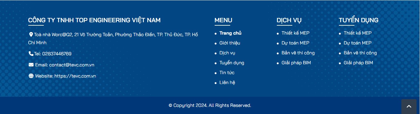 Phần footer website giới thiệu dịch vụ công ty TEVC