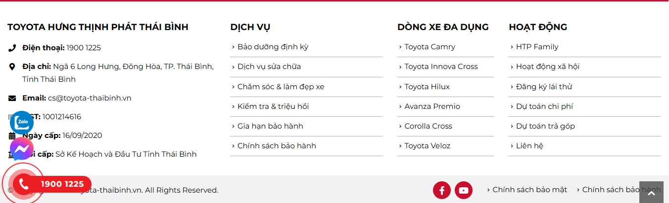Phần footer của website bán xe ô tô Toyota Thái Bình