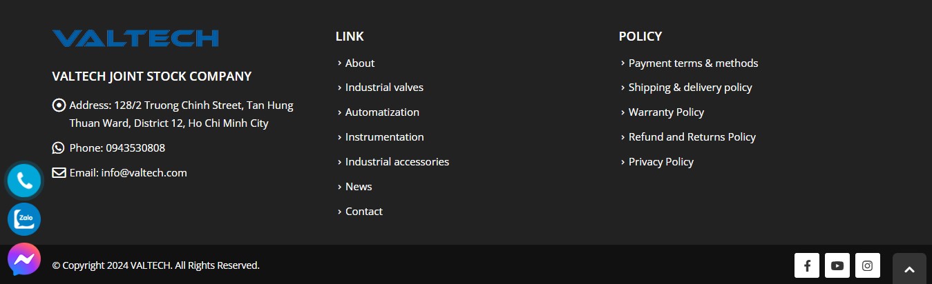 Phần footer của website bán sản phẩm van công nghiệp VALTECH