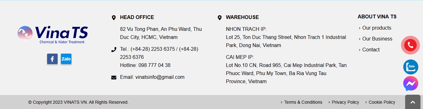 Phần footer của Website cung cấp hoá chất công nghiệp Vina TS 