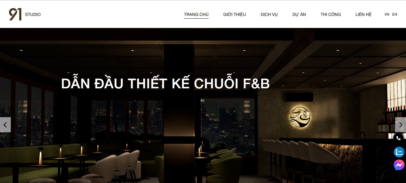 Phần header, banner của website thiết kế kiến trúc 91 Studio