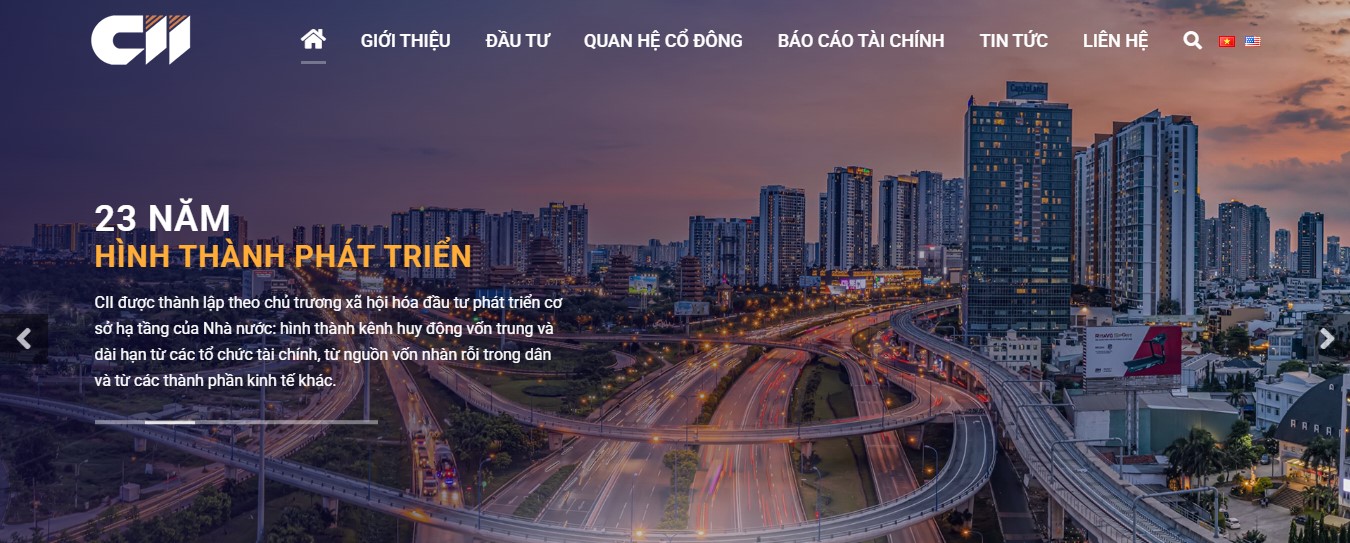 Phần header, banner của website giới thiệu công ty đầu tư hạ tầng CII