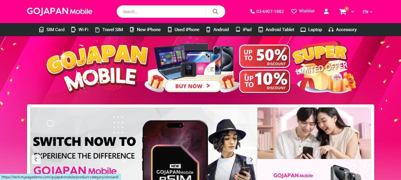 Phần header, banner của Website bán hàng thương mại điện tử GOJAPAN Mobile